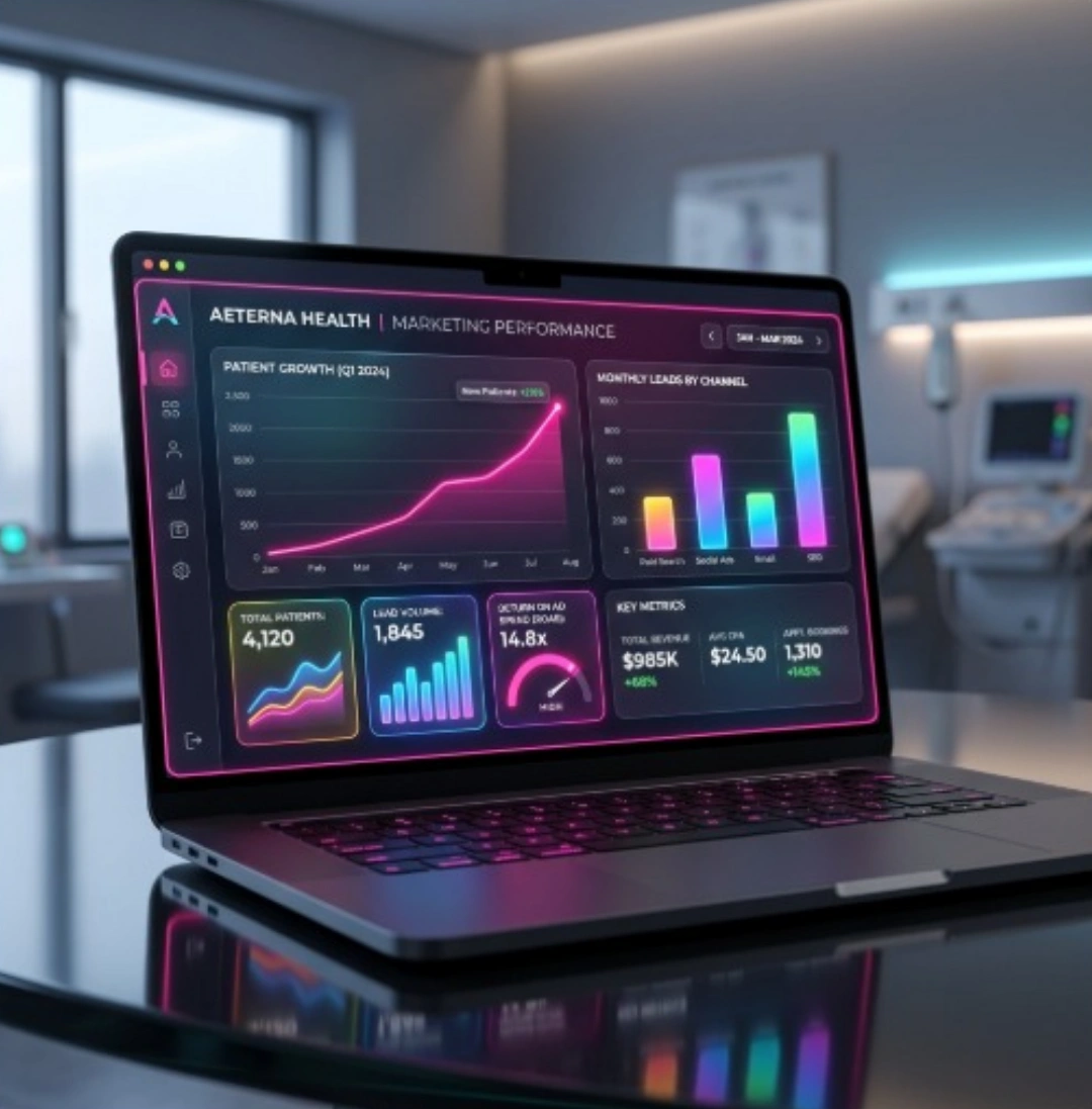 Dashboard de rendimiento de marketing médico estético con métricas de pacientes, leads y ROAS